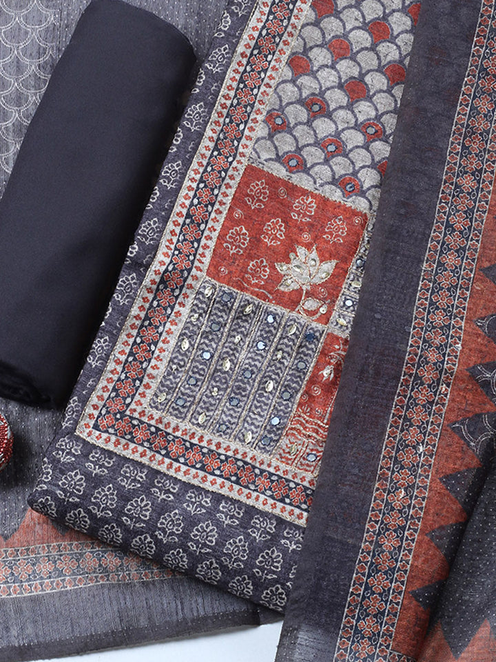 Embroidered Chanderi Unstitched Suit With Pant &amp; Dupatta