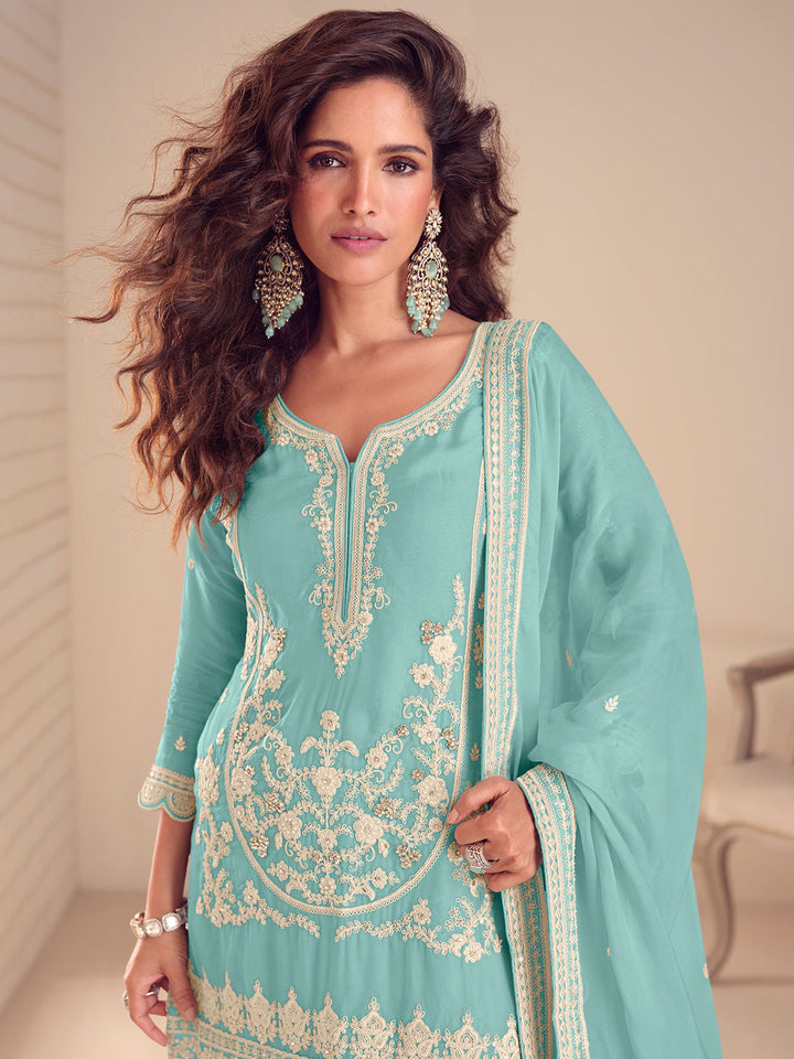 Embroidered Chinon Kurta With Plazzo &amp; Dupatta