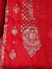 Woven Design Chanderi Red Unstitched Suit With Pant & Dupatta