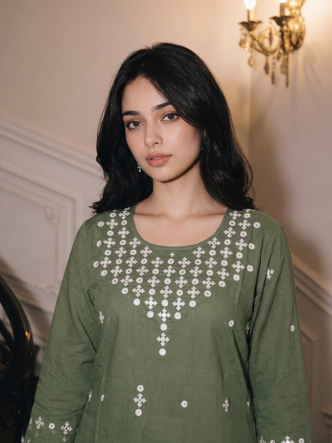 Green Printed Cotton Blend Kurta With Pant &amp; Dupatta