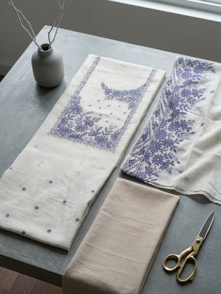 Printed Linen Blend Unstitched Suit With Pant &amp; Dupatta