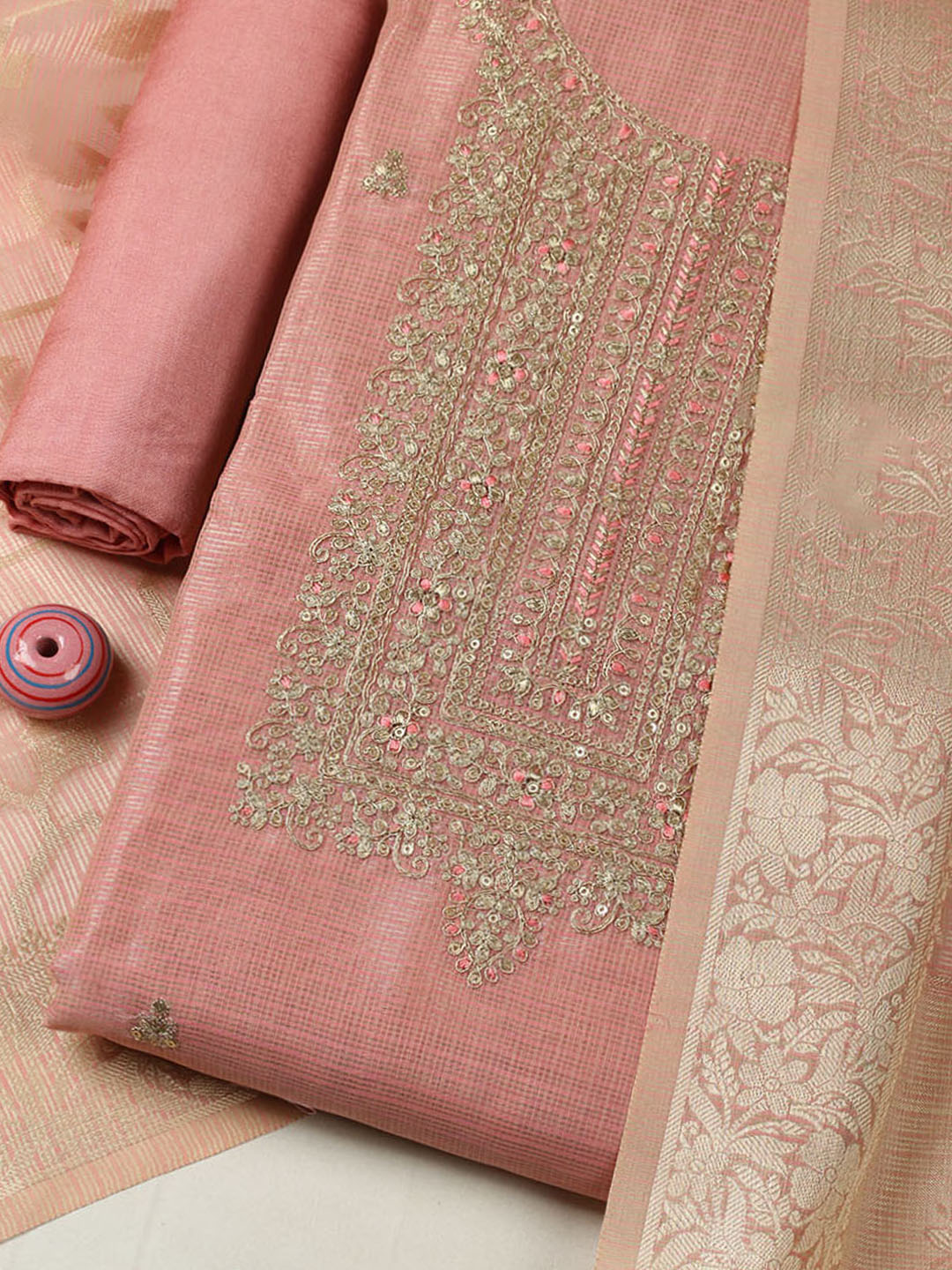 Embroidered Tissue Unstitched Suit With Pant &amp; Dupatta
