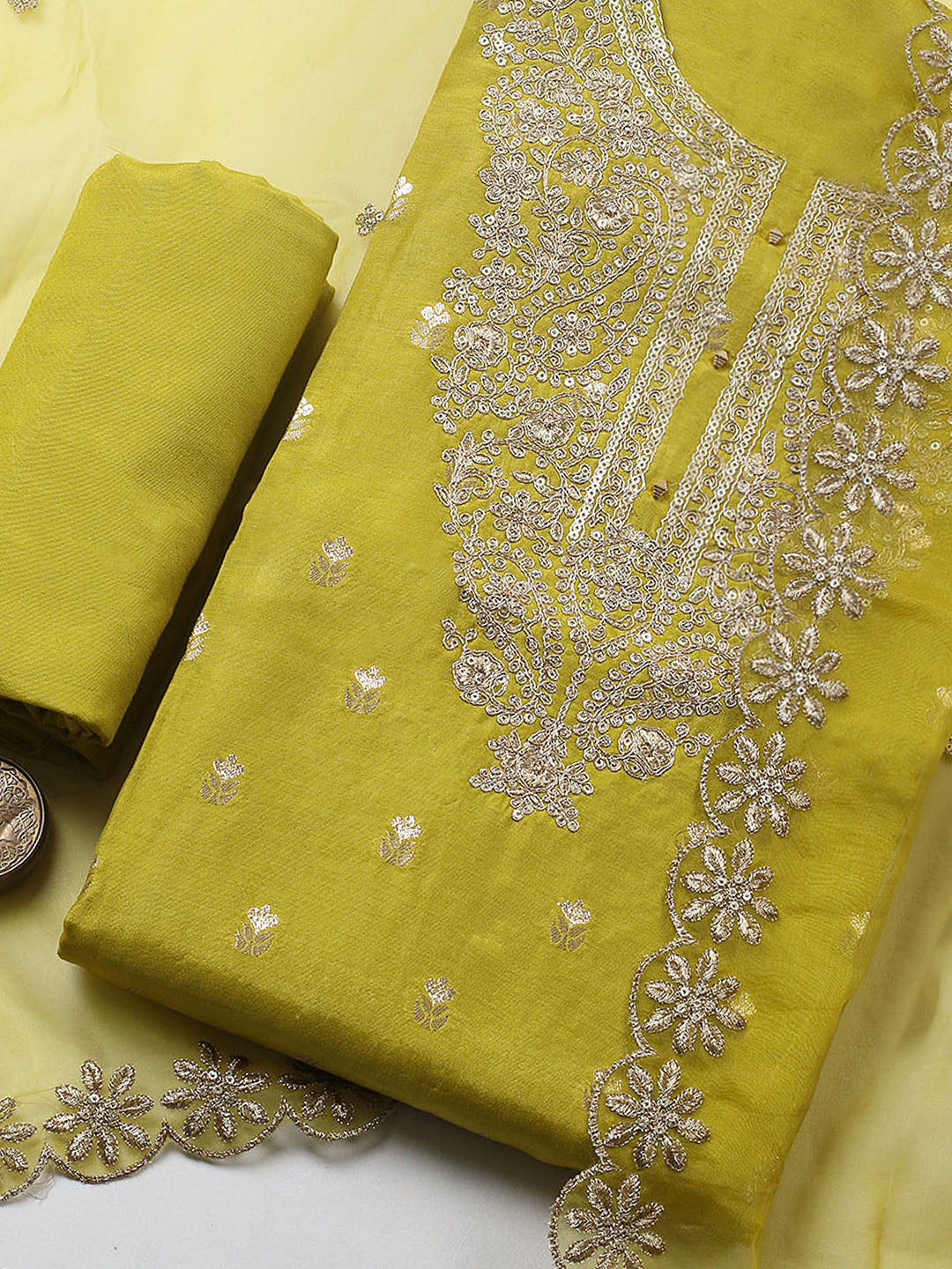 Embroidered Chanderi Unstitched Suit With Pant &amp; Dupatta