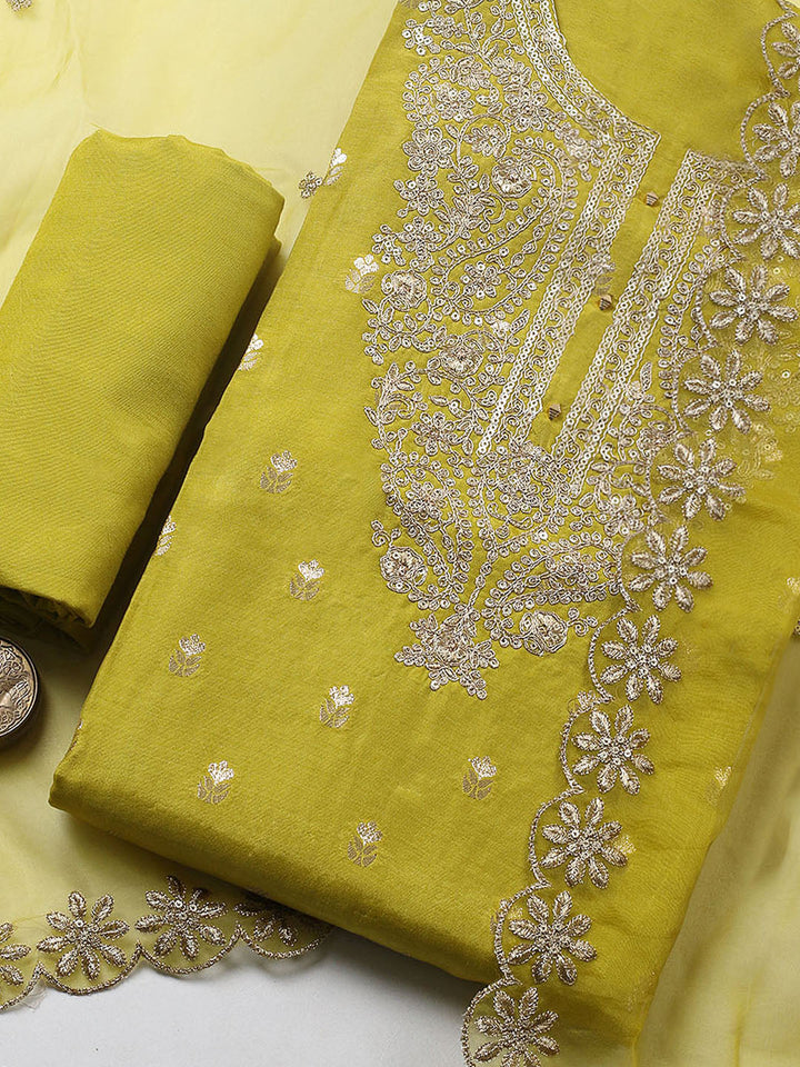 Embroidered Chanderi Unstitched Suit With Pant &amp; Dupatta