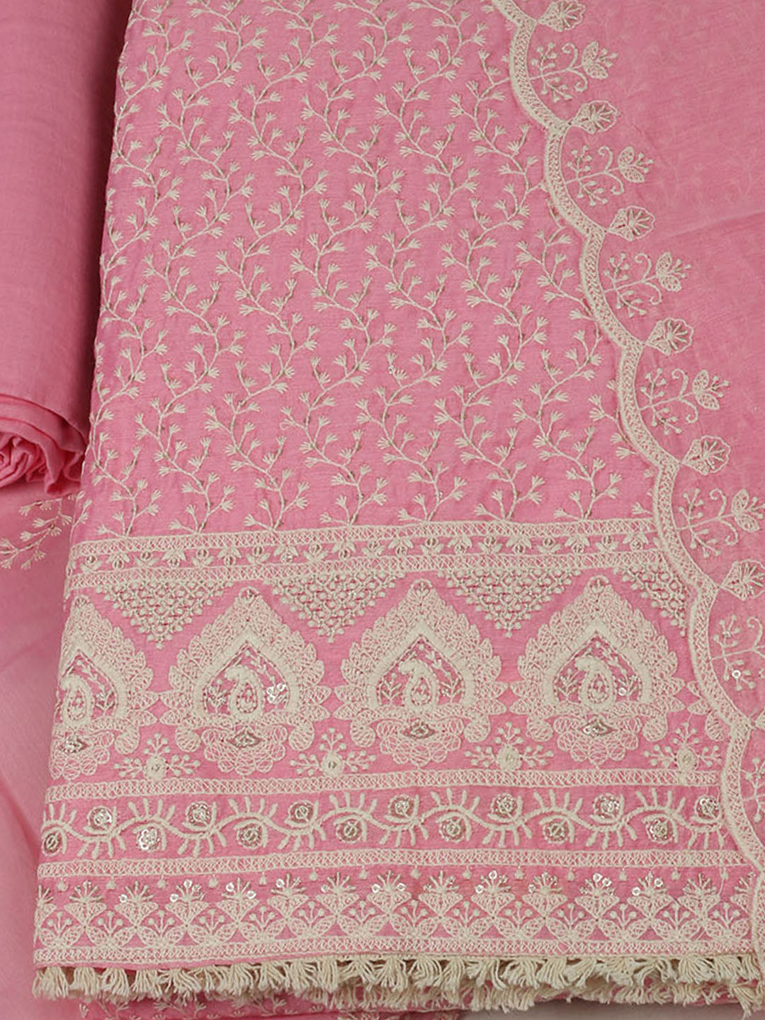 Embroidered Chanderi Unstitched Suit With Pant &amp; Dupatta