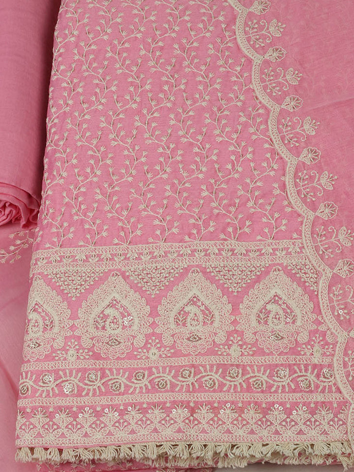 Embroidered Chanderi Unstitched Suit With Pant &amp; Dupatta