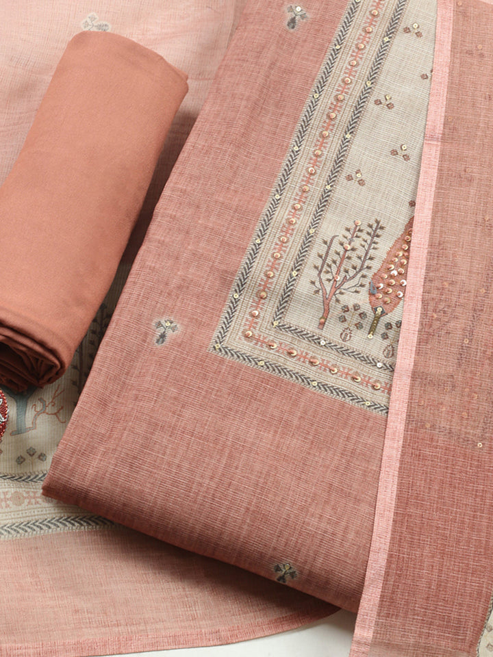 Printed Linen Blend Unstitched Suit With Pant &amp; Dupatta
