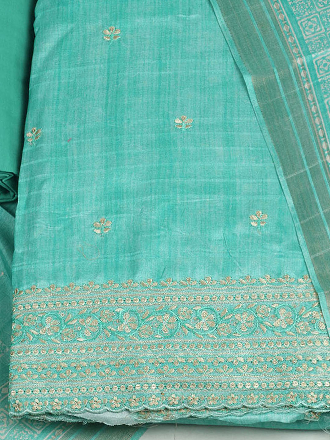 Embroidered Chanderi Unstitched Suit With Pant &amp; Dupatta