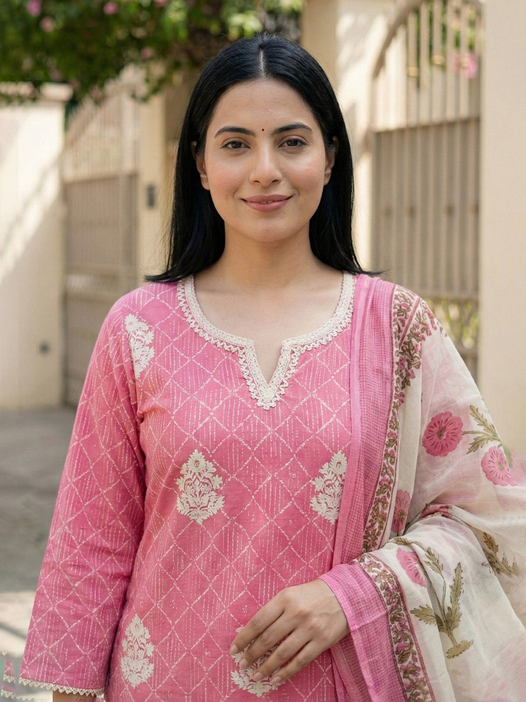 Pink Cotton Blend Printed Straight Suit Set