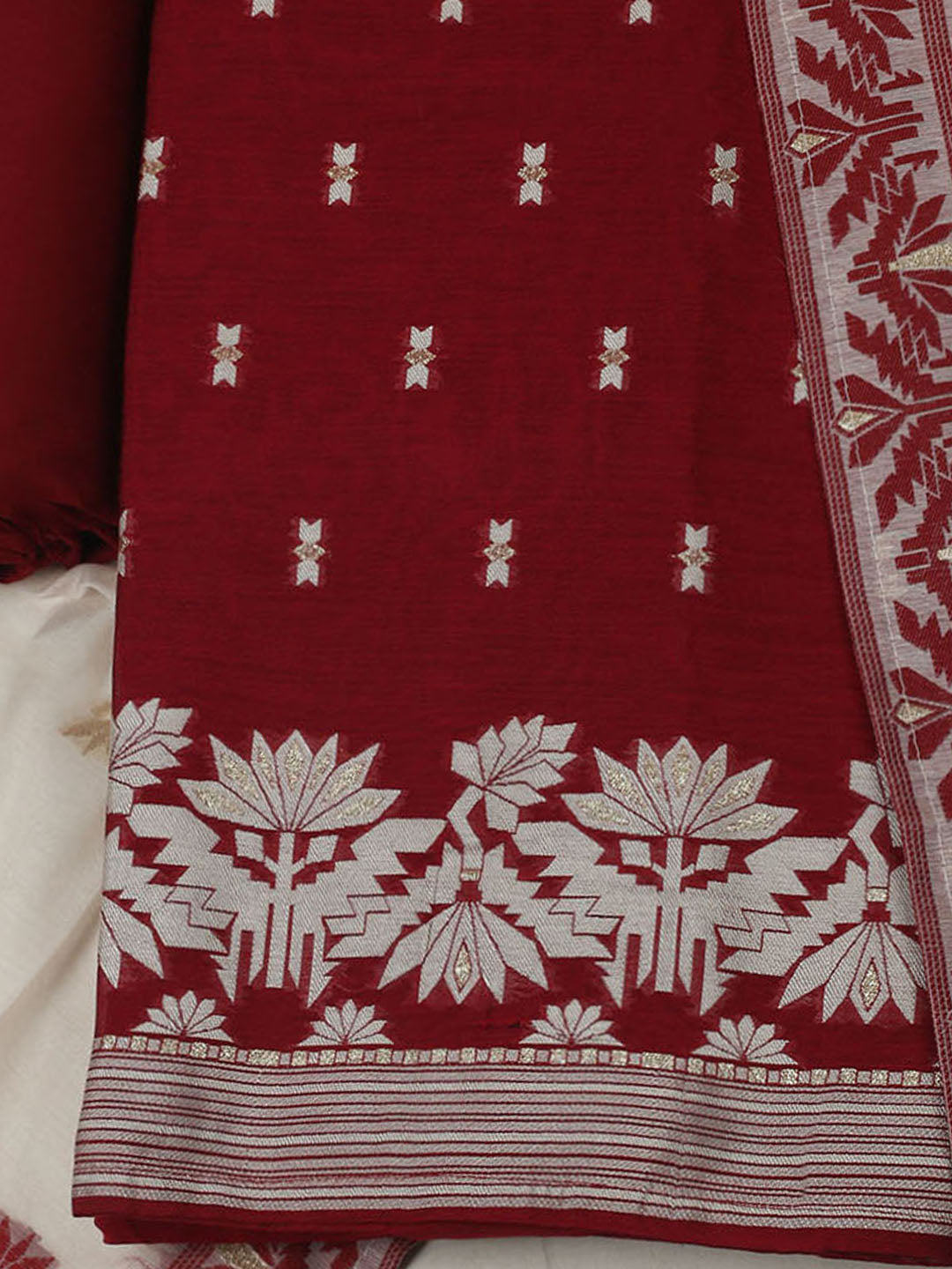Embroidered Chanderi Unstitched Kurta With Pant &amp; Dupatta