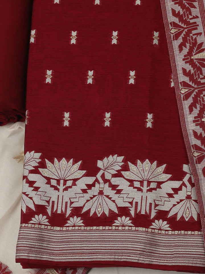 Embroidered Chanderi Unstitched Kurta With Pant &amp; Dupatta