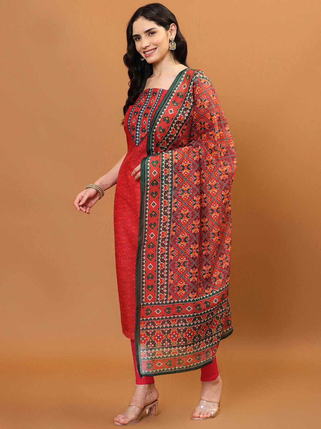 Printed Chanderi Unstitched Suit Piece With Dupatta