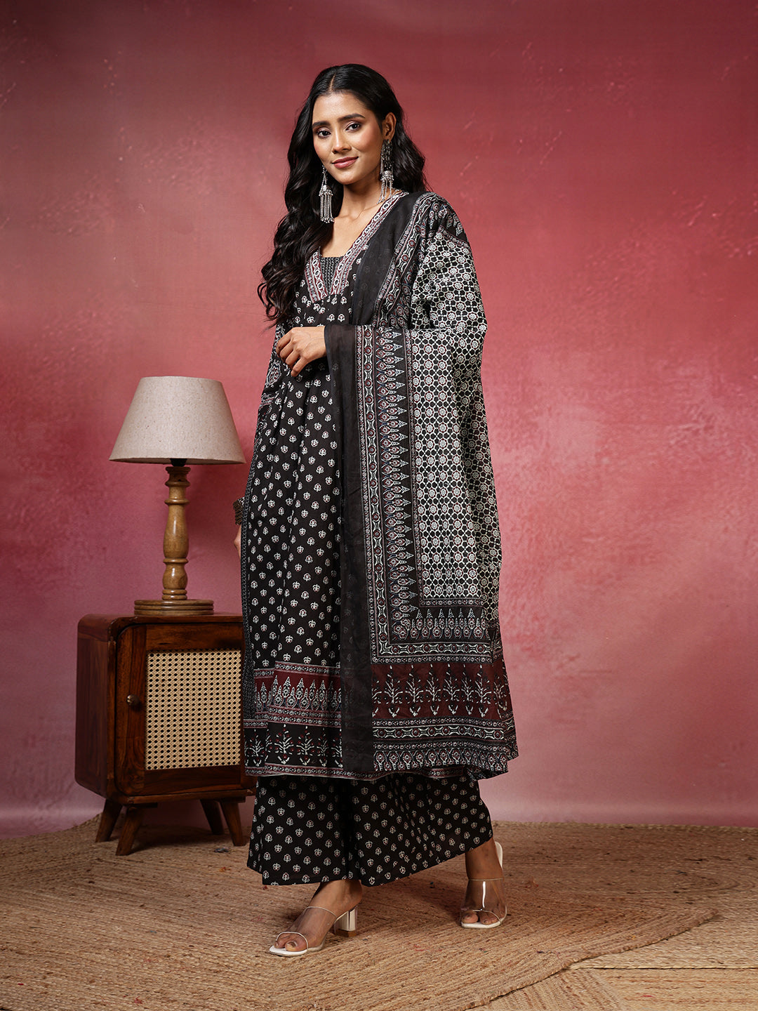 Printed Cotton Blend Kurta With Plazzo &amp; Dupatta