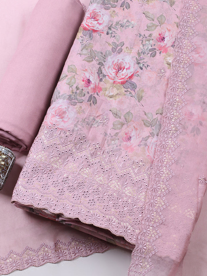 Embroidered Chanderi Unstitched Suit With Pant &amp; Dupatta