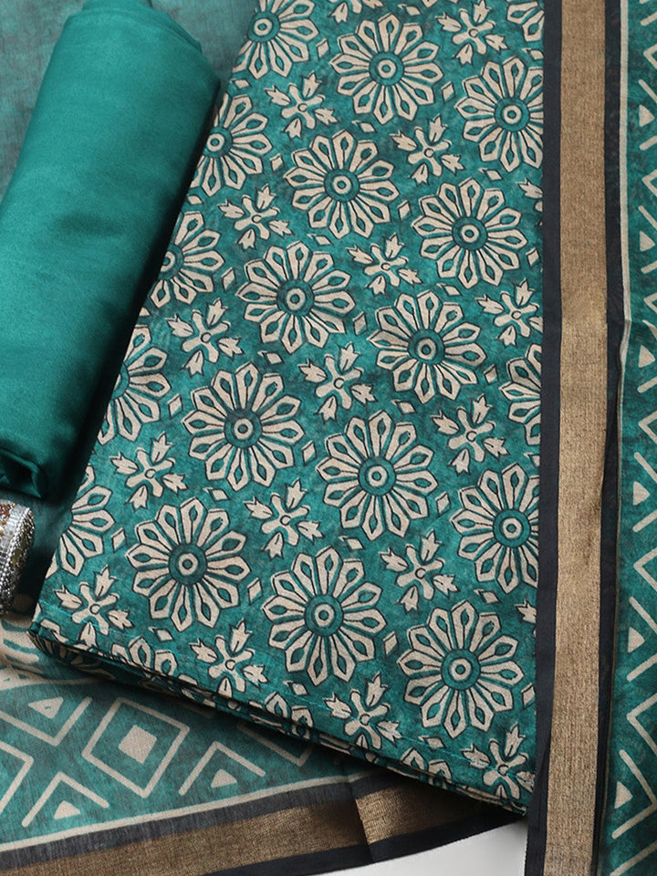 Printed Chanderi Unstitched Suit With Pant &amp; Dupatta
