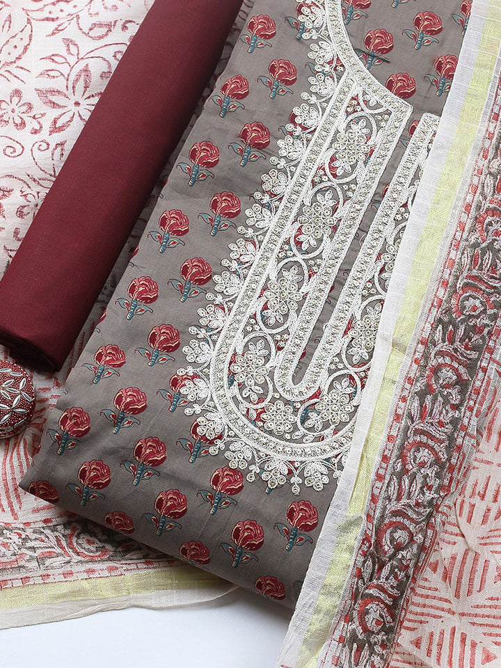 Printed Cotton Blend Unstitched Suit With Pant &amp; Dupatta