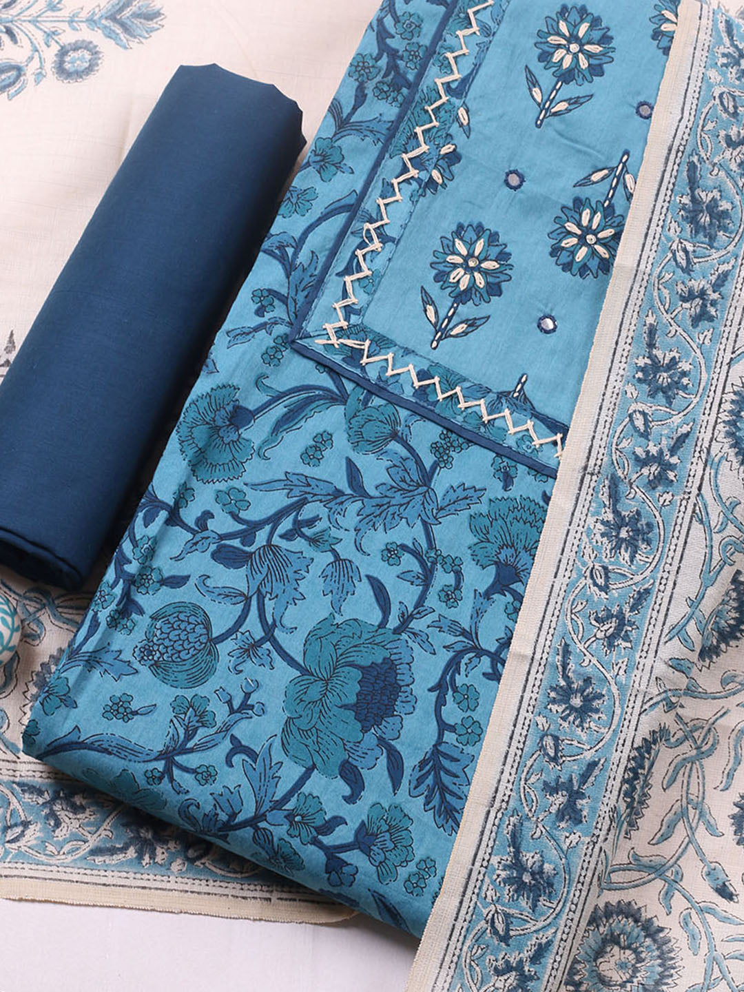 Printed Cotton Blend Unstitched Suit With Pant &amp; Dupatta