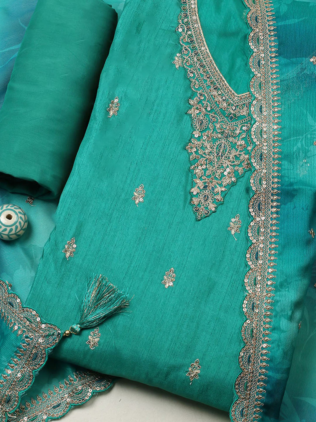 Embroidered Art Silk Unstitched Suit With Pant &amp; Dupatta