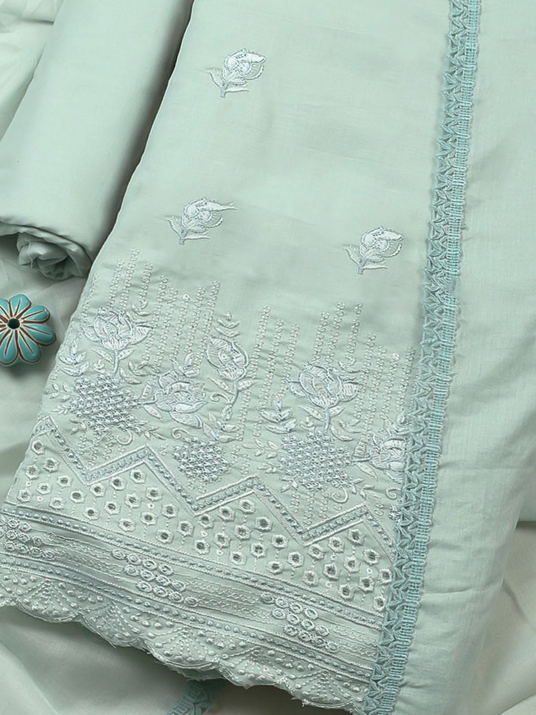Embroidered Chanderi Unstitched Suit With Pant &amp; Dupatta
