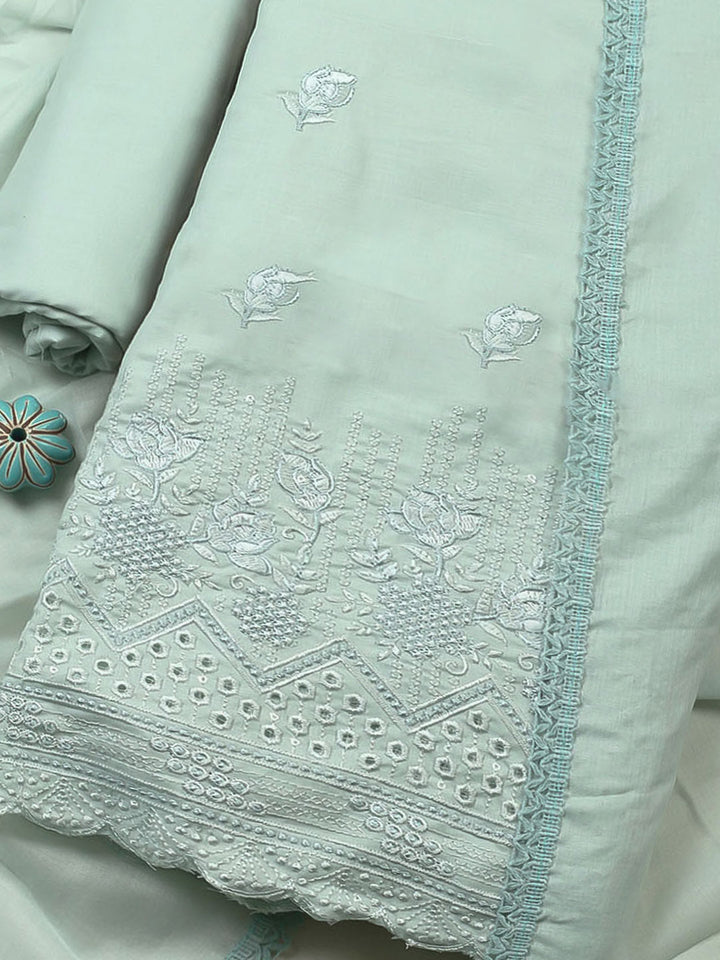 Embroidered Chanderi Unstitched Suit With Pant &amp; Dupatta
