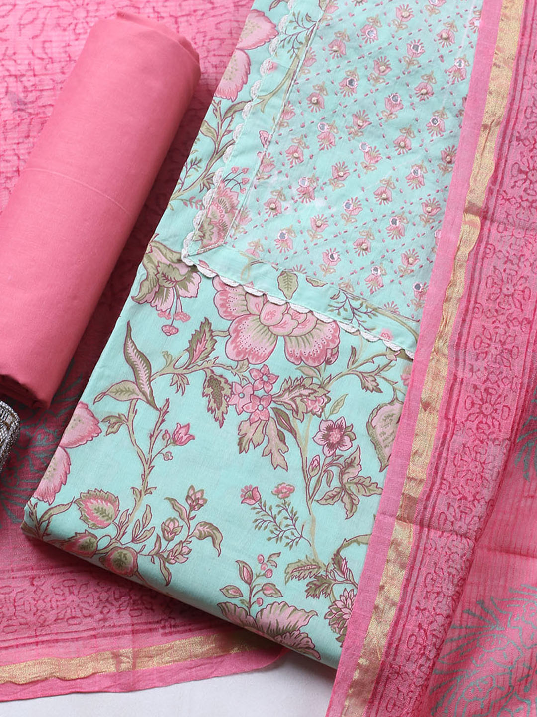 Printed Cotton Blend Unstitched Suit With Pant &amp; Dupatta