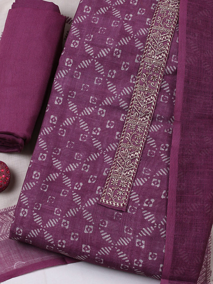 Embroidered Linen Blend Unstitched Suit With Pant &amp; Dupatta