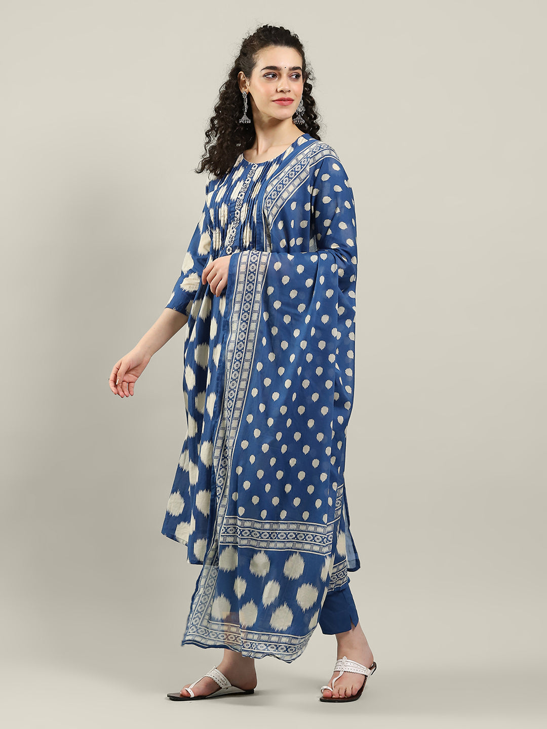 Printed Cotton Blend Kurta With Pants & Dupatta