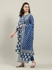 Printed Cotton Blend Kurta With Pants & Dupatta