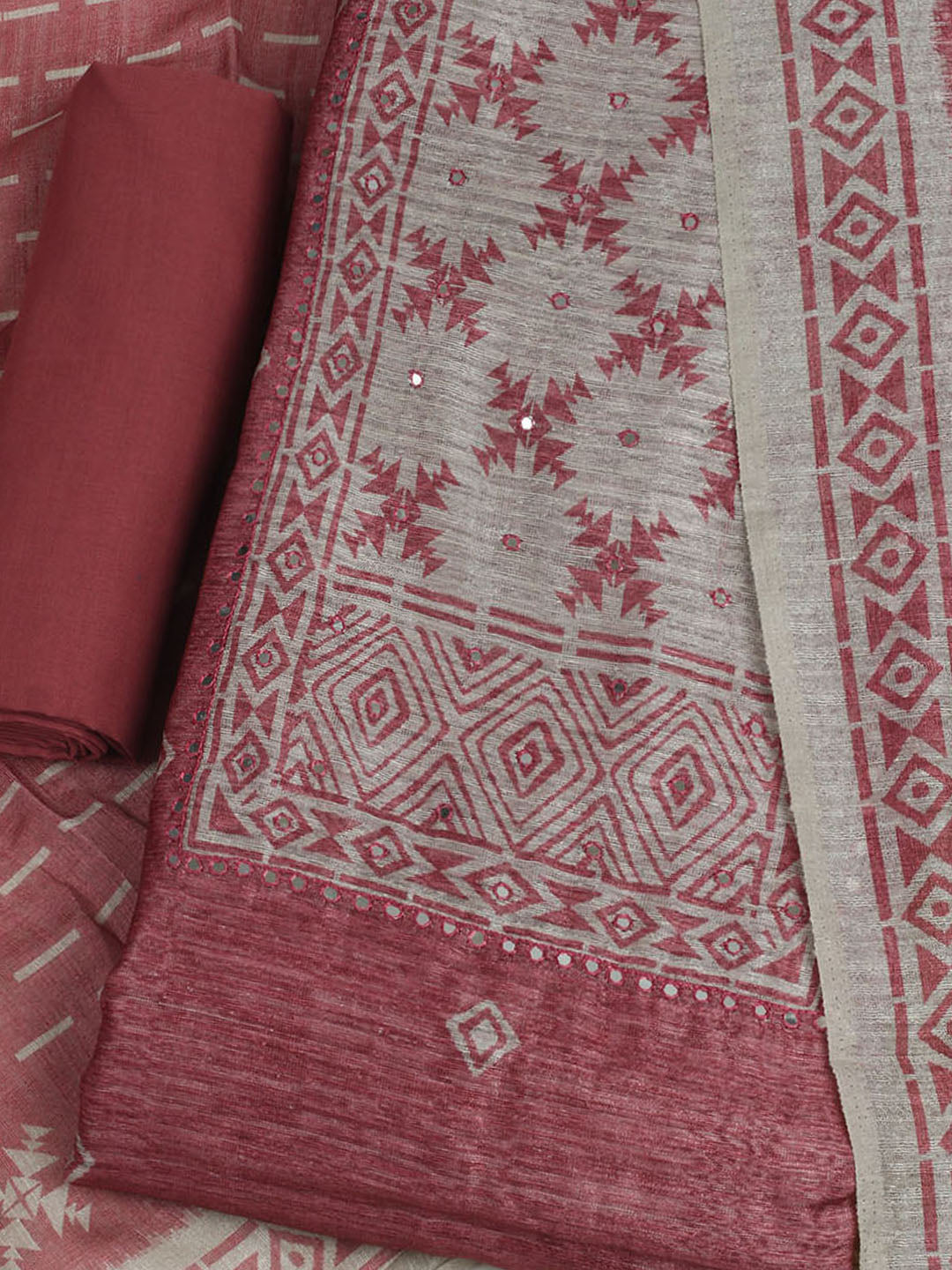 Printed Chanderi Unstitched Suit With Pant &amp; Dupatta