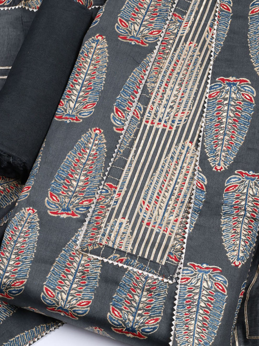 Neck Patti Cotton Blend Unstitched Suit With Dupatta