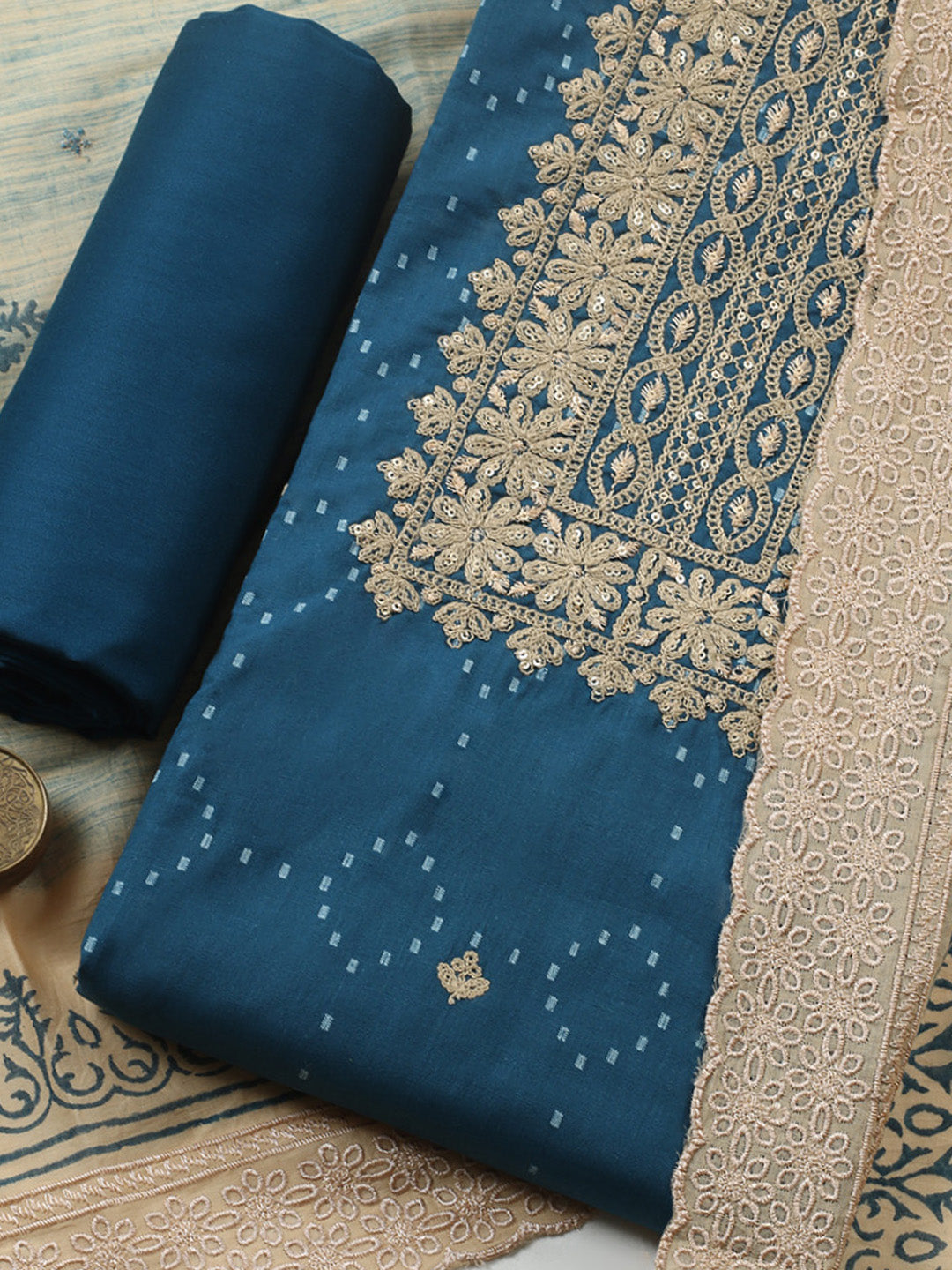 Embroidered Cotton Blend Unstitched Suit With Pant &amp; Dupatta