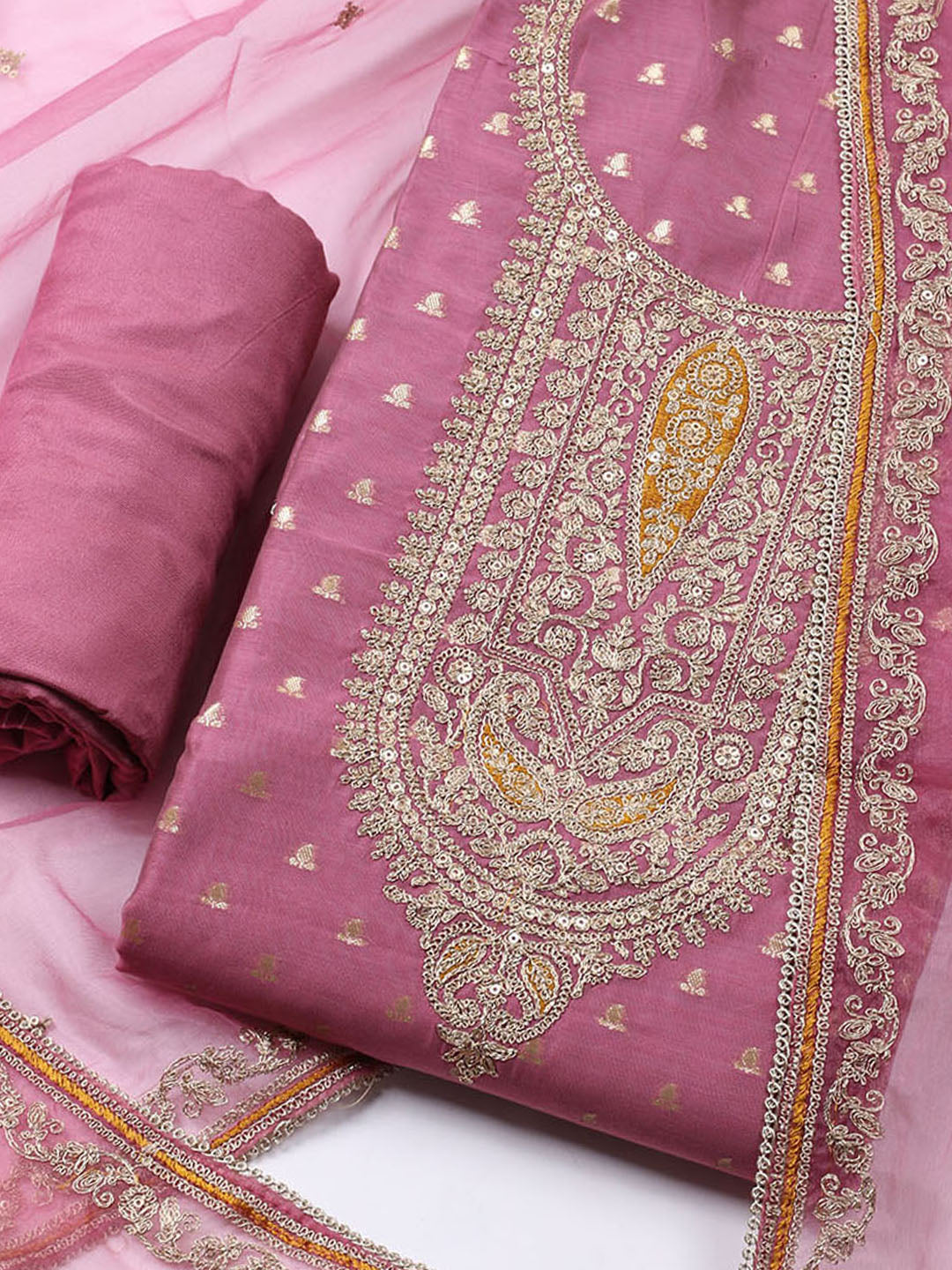 Neck Embroidered Chanderi Unstitched Suit With Dupatta