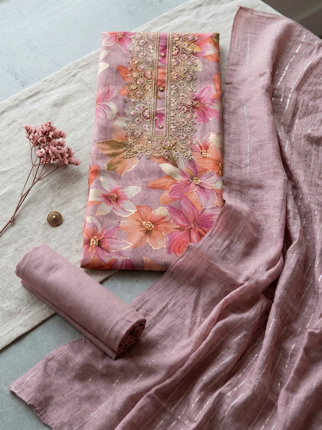 Embroidered Cotton Blend Unstitched Suit With Pant &amp; Dupatta