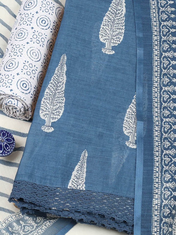 Printed Cotton Blend Unstitched Suit With Pant &amp; Dupatta