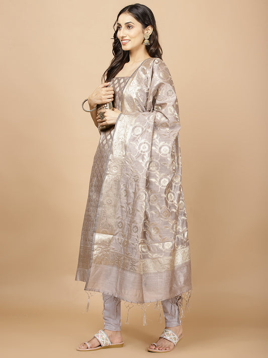 Woven Banarasi Chanderi Unstitched Suit With Dupatta