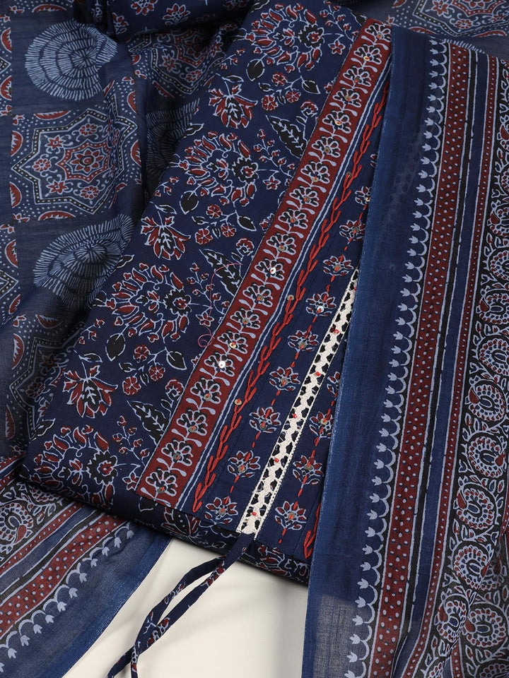 Printed Cotton Blend Unstitched Suit Piece With Dupatta
