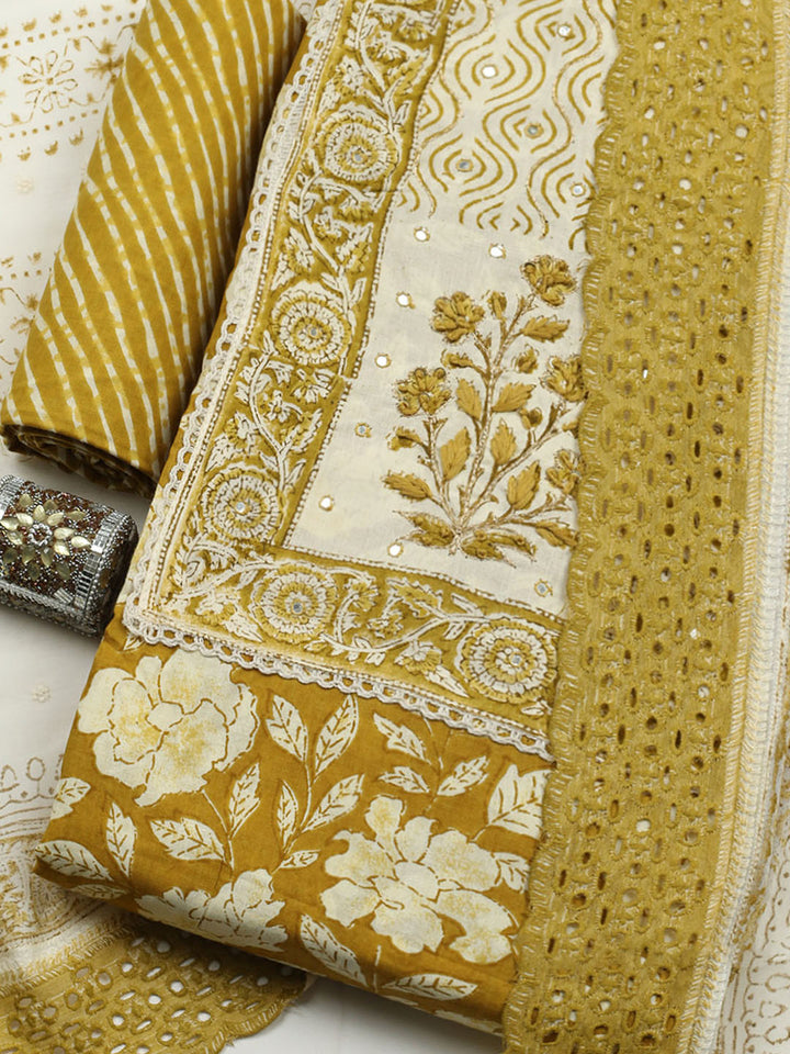 Printed Cotton Blend Unstitched Suit With Pant &amp; Dupatta