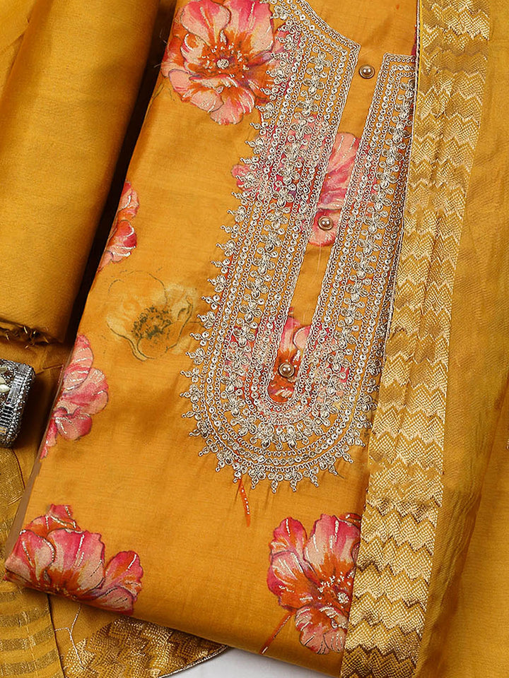 Embroidered Cotton Blend Unstitched Suit With Pant &amp; Dupatta