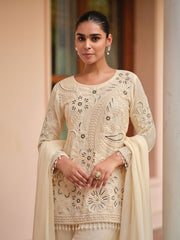 Embroidered Georgette Kurti With Pant & Dupatta