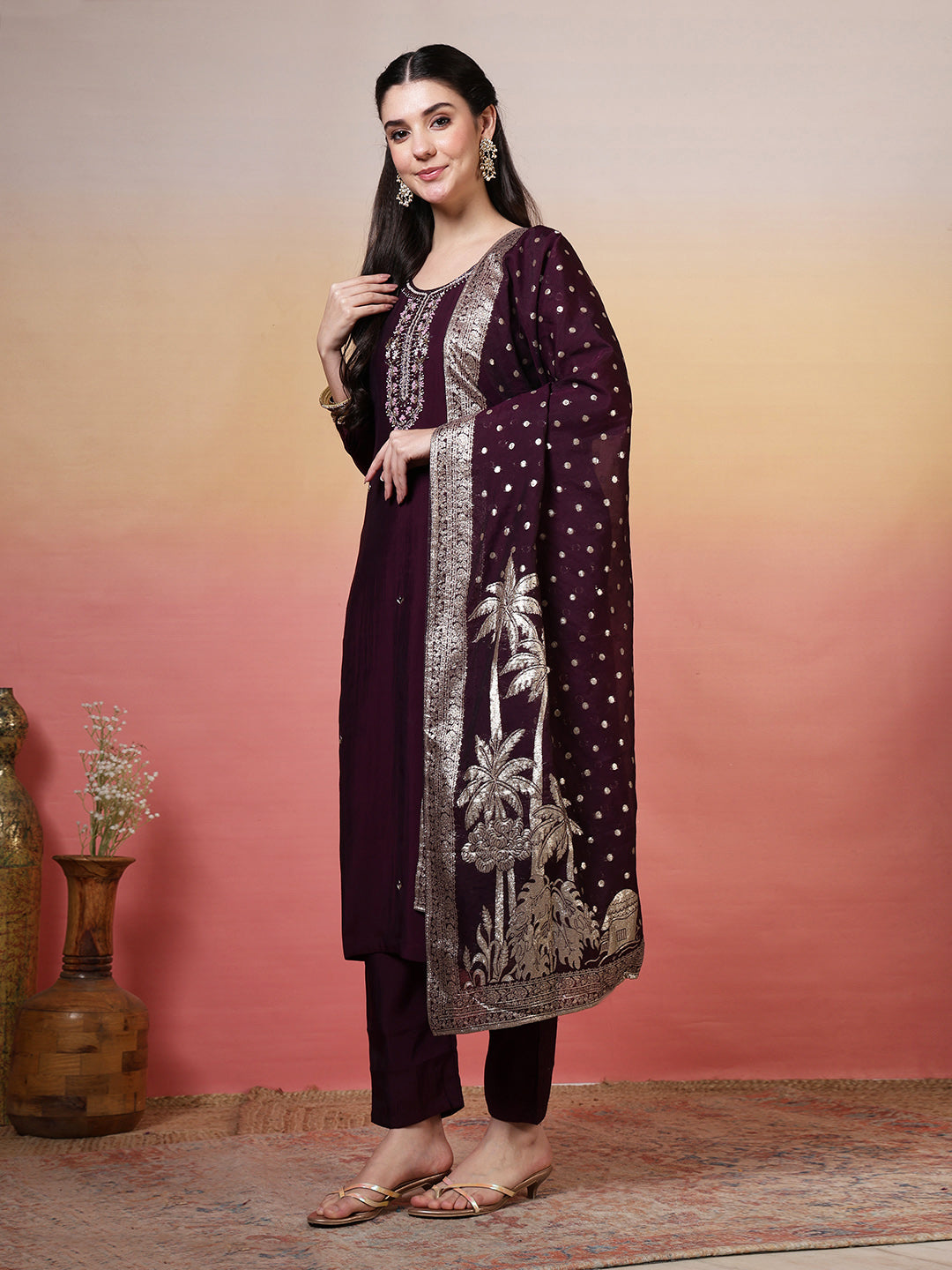 Embroidered Muslin Kurta With Pant &amp; Dupatta