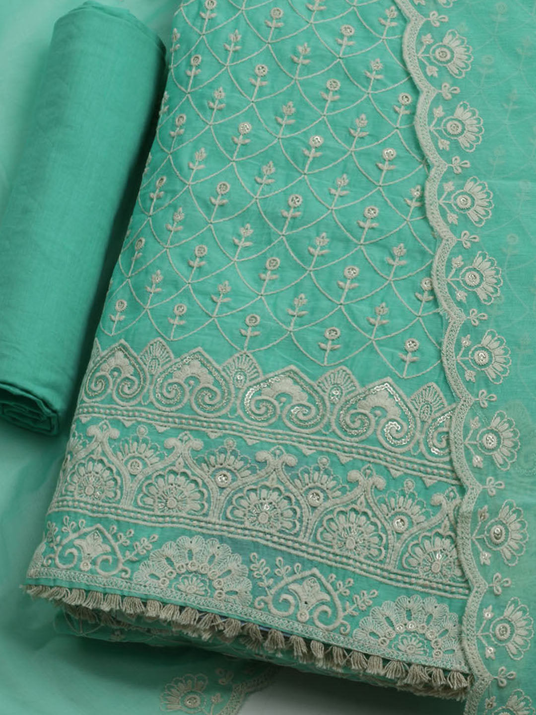 Embroidered Chanderi Unstitched Kurta With Pant & Dupatta