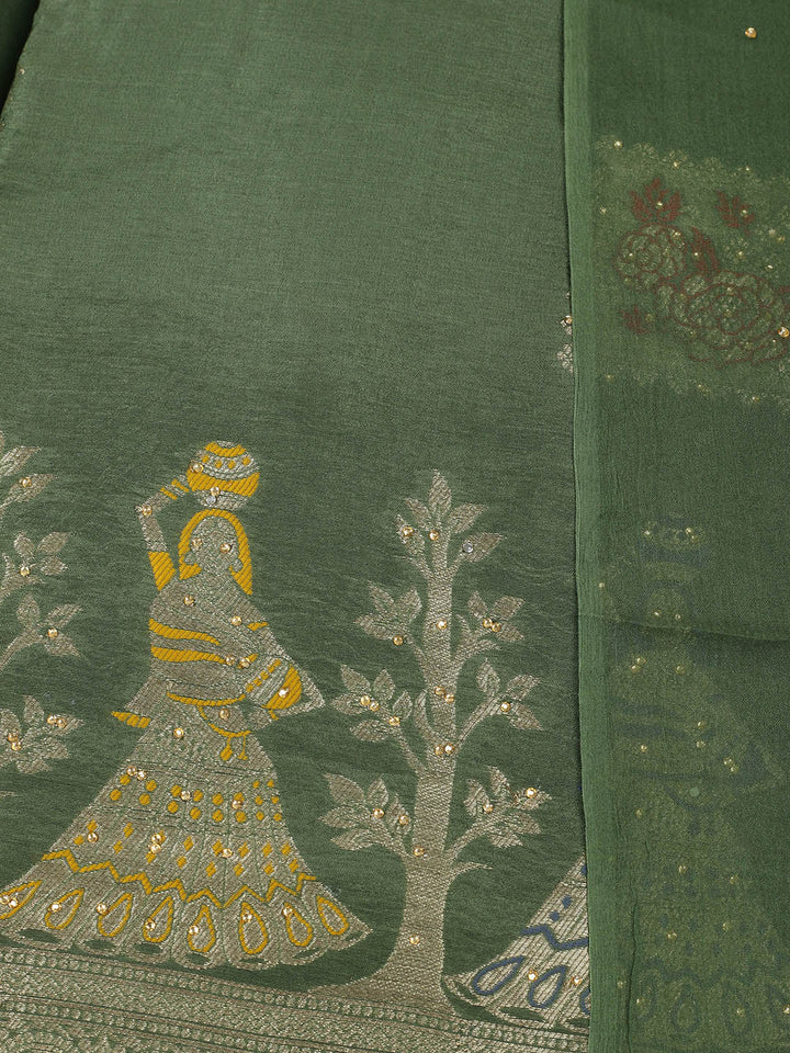 Woven Design Chanderi Unstitched Suit With Pant &amp; Dupatta
