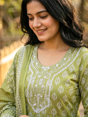 Printed Cotton Blend Suit With Pant & Dupatta