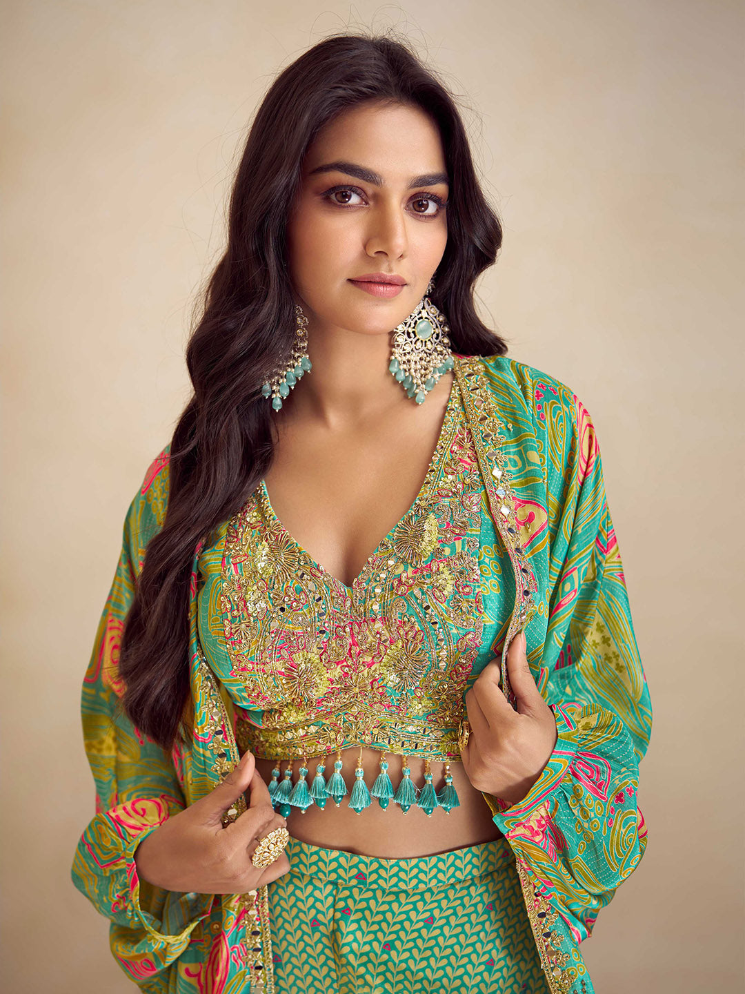 Embroidered Chinon Silk Choli &amp; Skirt With Jacket