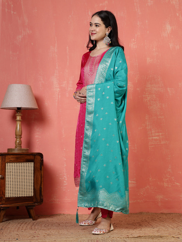 Banarasi Weave Art Silk Kurta With Pants &amp; Dupatta