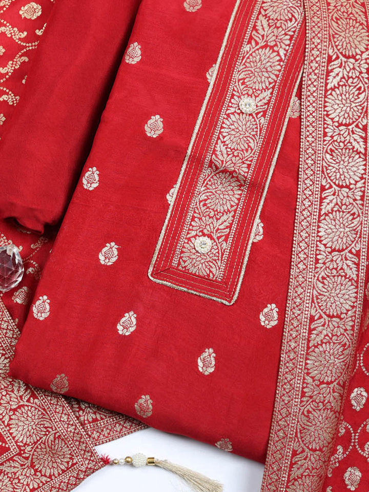 Embroidered Chanderi Unstitched Suit With Pant &amp; Dupatta