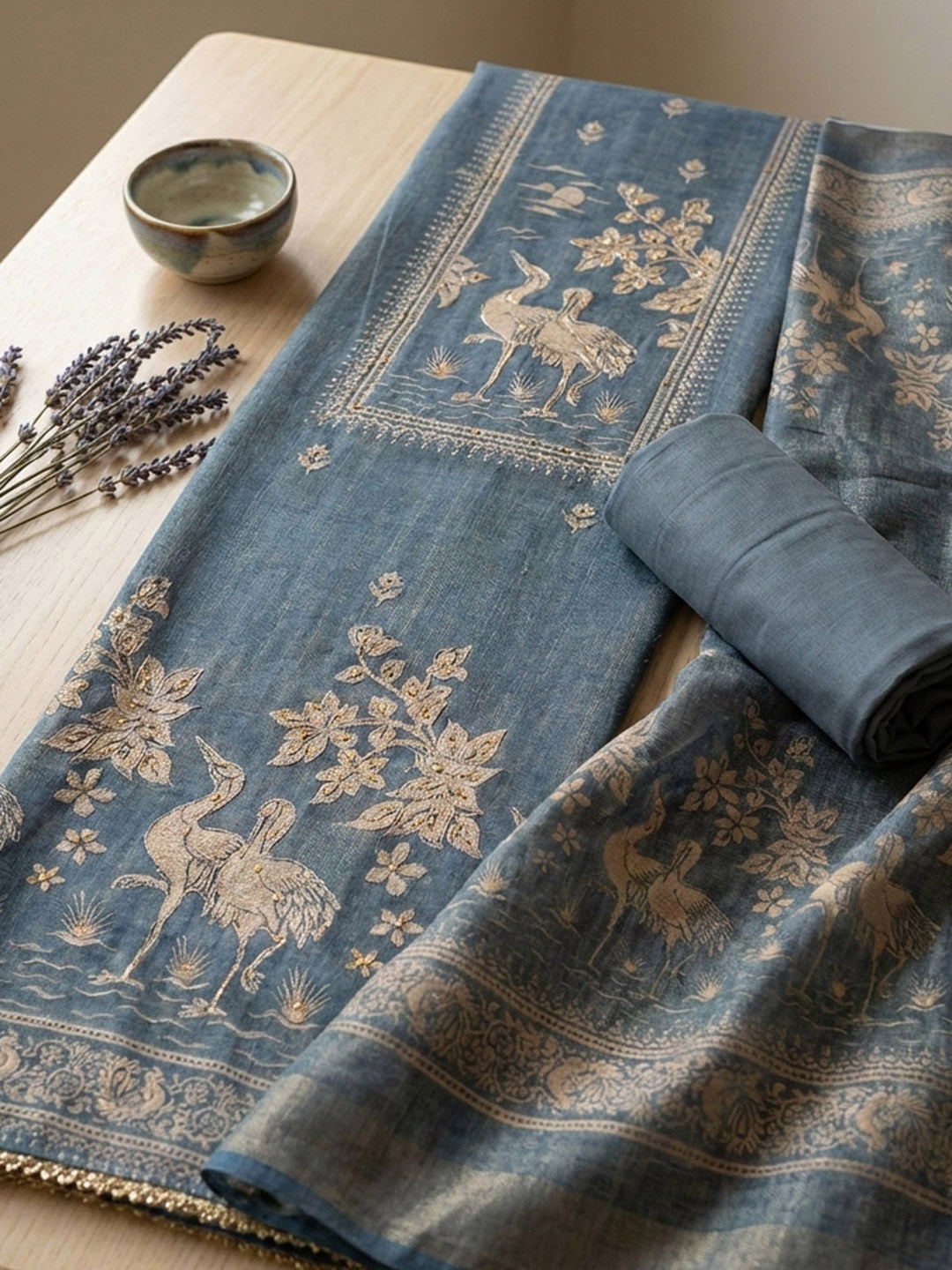 Printed Chanderi Unstitched Suit With Pant &amp; Dupatta