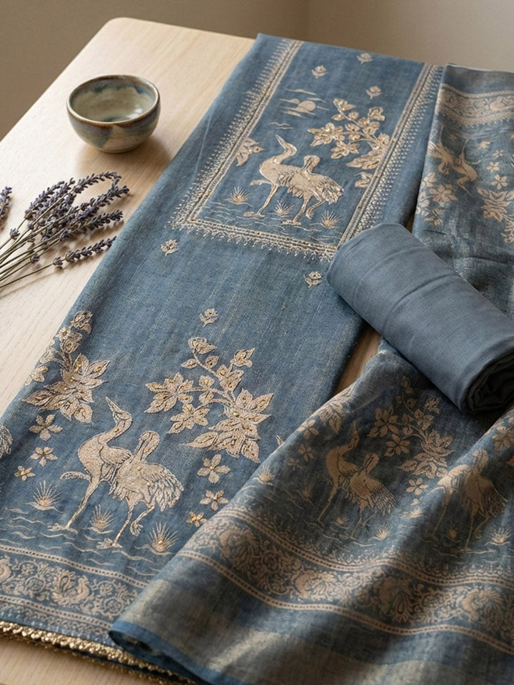 Printed Chanderi Unstitched Suit With Pant &amp; Dupatta