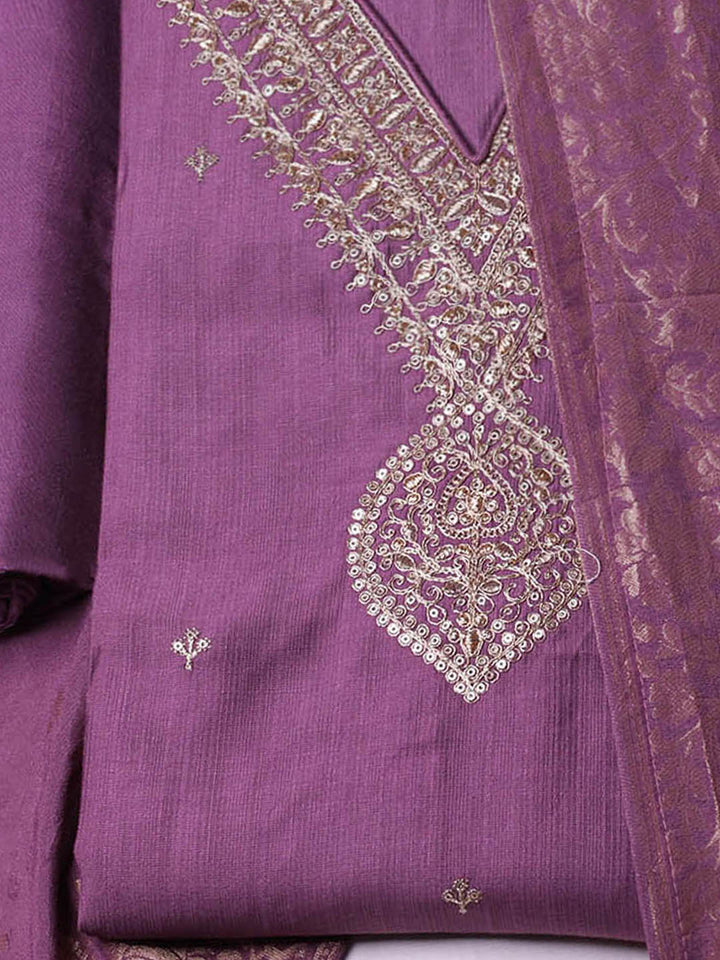 Embroidered Chanderi Unstitched Suit With Pant &amp; Dupatta
