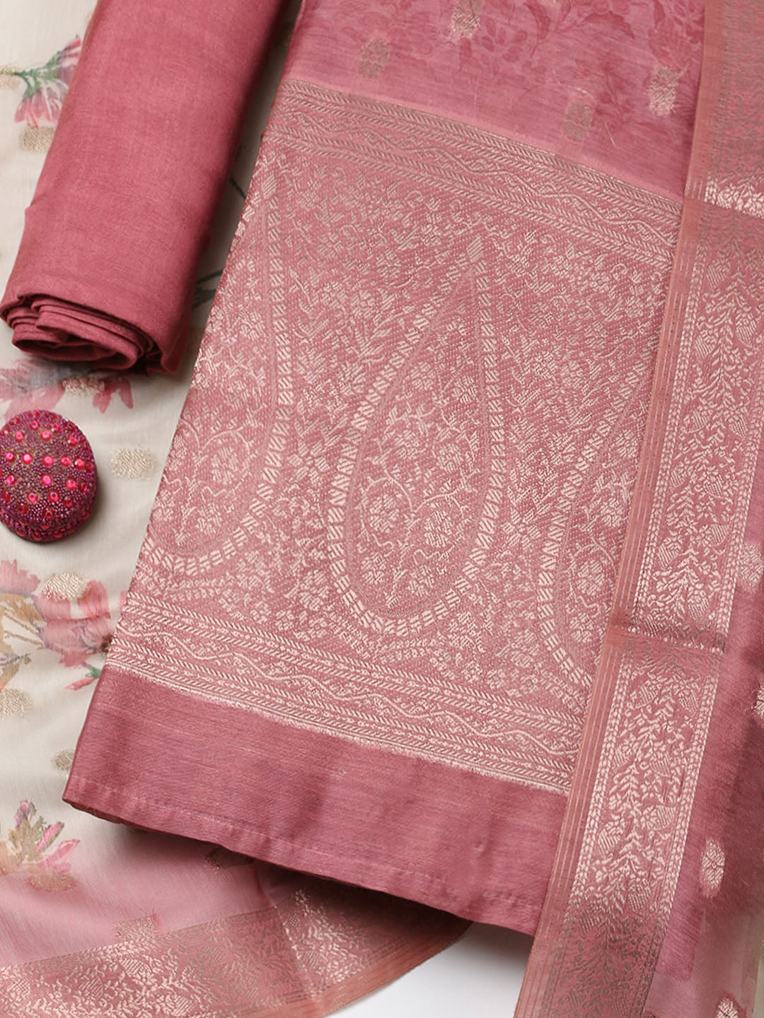 Embroidered Chanderi Unstitched Suit With Pant &amp; Dupatta